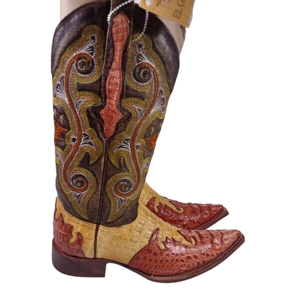 New El General Crocodile Skin Embroidered Red Yellow Brown Cowboy Boots Sz 6.5 - Picture 6 of 9